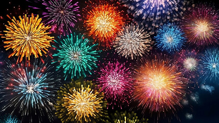 Fototapeta premium Colorful fireworks on dark sky, celebration and happy new year concept abstract background illustration. Generative AI