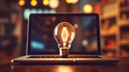 Glowing light bulb on laptop computer, working with creativity and brainstorming idea concept background. Generative AI - obrazy, fototapety, plakaty