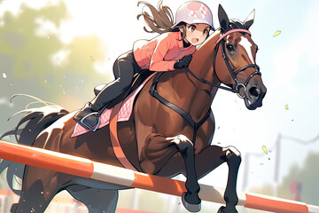 Anime Girl As A Skilled Equestrian Competing In A Race