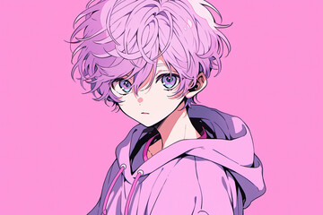 Anime Boy With Purple Hair On Pink Background