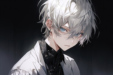 Fototapeta premium Anime Boy With White Hair On Black Background