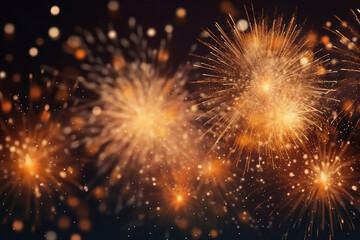 Golden fireworks on dark sky, celebration and happy new year concept abstract background illustration.