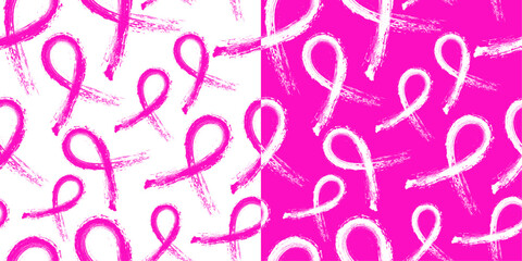 Set of Calligraphic Pink awareness Ribbon Seamless Pattern, represents breast cancer awareness, Paget’s disease, and women’s health. Vector Illustration. 
