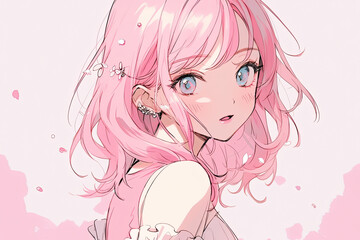 Beautiful Cute Anime Girl With Pink Hair On Beige Background