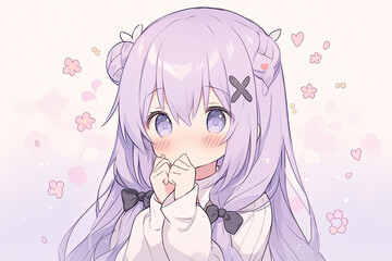 Cute Beautiful Anime Girl On Lilac Color Background