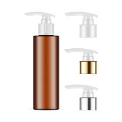 Amber Cosmetic Bottle With Dispenser. Plastic, Metallic, Golden Caps, Isolated On White Background. Vector Illustration