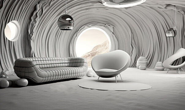 White and Gray Alien Living Room on Saturn, Sci-Fi Concept