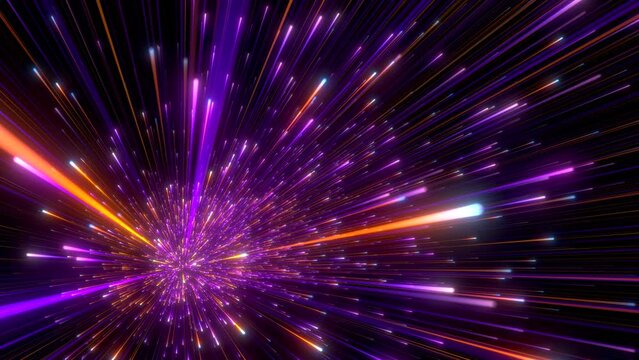 Abstract background in orange and purple neon glow colors. Speed of light in galaxy. Explosion in universe. Space background for event, party, carnival, celebration, anniversary or other. 3D rendering