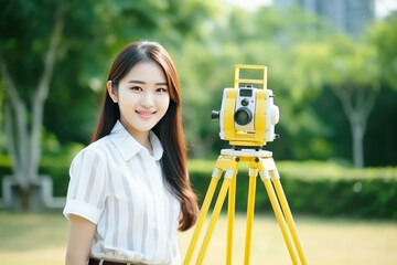 Beautiful Young Asian Woman Land Surveyor . Сoncept Beauty Standards For Asians, Female Asian Land Surveyors, Women In Stem, The Challenges Of Land Surveying