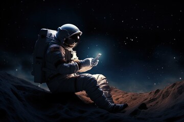 Astronaut with smartphone on the moon. An astronaut sitting on the moon and sends messages to friends and family via smartphone. - obrazy, fototapety, plakaty