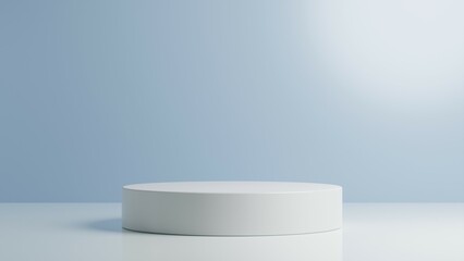 Realistic 3D rendering illustration, white cylinder podium, product pedestal with blue pastel background, minimalist, pastel color, mockup, background for cosmetic product etc.
