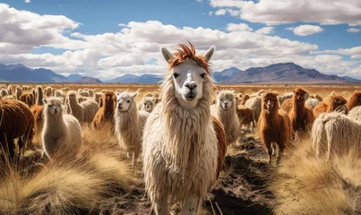 Photo sur Plexiglas Lama Group of llamas grace the vast Bolivian desert, with distant mountains as backdrop.