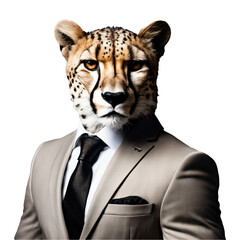 Portrait of Humanoid Anthropomorphic Cheetah Wearing Businessman Suit Isolated Transparent