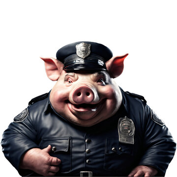 Portrait of Humanoid Anthropomorphic Greedy Fat Pig Wearing Police Officer Suit with Evil Smirk Expression Isolated Transparent