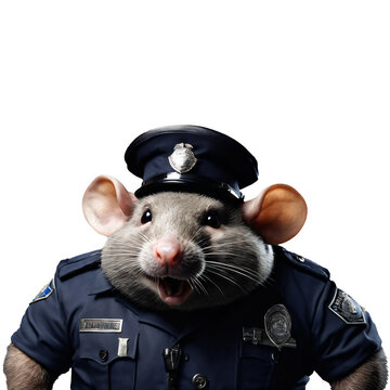 Portrait of Humanoid Anthropomorphic Greedy Fat Rat Wearing Police Officer Suit with Evil Smirk Expression Isolated Transparent