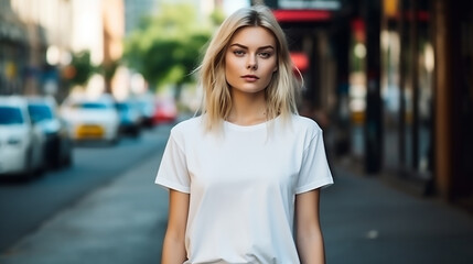 a young beautiful blonde woman in full length with blue eyes in a white T-shirt for a mock-up walks through the city during the day - obrazy, fototapety, plakaty