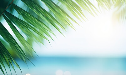 Fototapeta na wymiar Close-up of palm leaf with blurred tropical beach