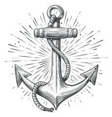Vintage sea anchor with rope in engraving style. Ship hook sketch vector illustration © ~ Bitter ~