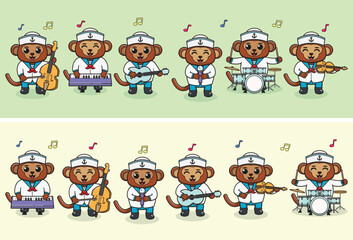 Vector Illustration of Cute Monkey sailors Music Band. Big set of cute Animal cartoon in professions. Monkey Cartoon flat style.