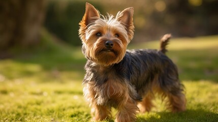 playful yorkshire terrier on the grass, at the park, in the yard