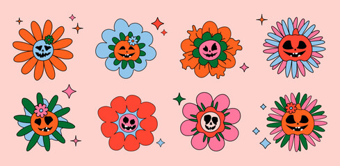 Fototapeta na wymiar Set of Creepy Scary Flowers.Retro 70s 60s Hippie Groovy Halloween Smiling Face.Vector. Funny Background.Ghost Flowers zombie hippy mummy emotional icons.Holiday.Print for Textile,Web Design.