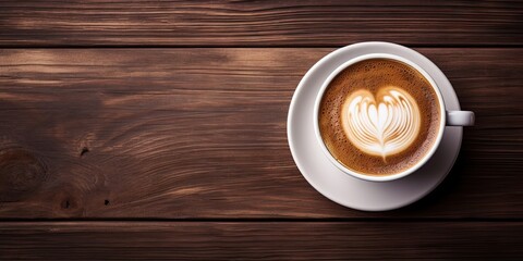 Cafe chic. Steaming latte delight. Coffee artistry. Creamy latte on wooden table top view. Aromatic awakening. Sipping cappuccino