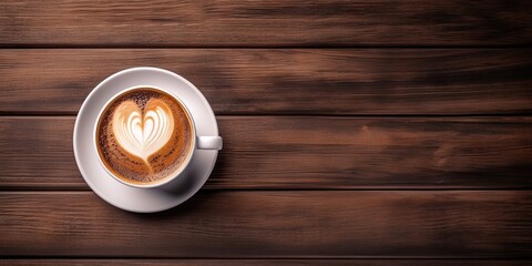 Cafe chic. Steaming latte delight. Coffee artistry. Creamy latte on wooden table top view. Aromatic awakening. Sipping cappuccino