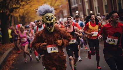 Photo of a group of halloween runners participating in a marathon race