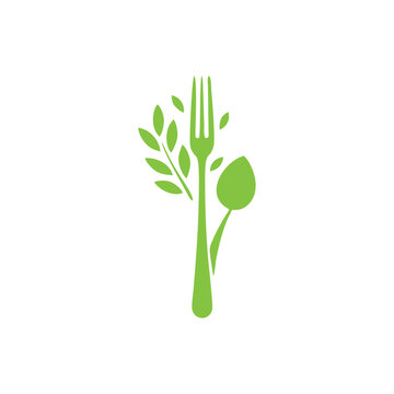 Fork, spoon, and leaves logo. Simple and elegant cutlery set for a healthy meal.