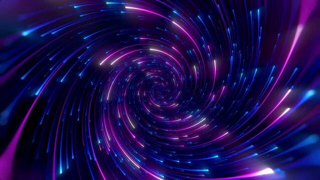 Minimal spiral in infinite rotation. Abstract background in blue and purple neon colors. Rotating galaxy. Space background for event, party, carnival, celebration, anniversary or other. Seamless loop.