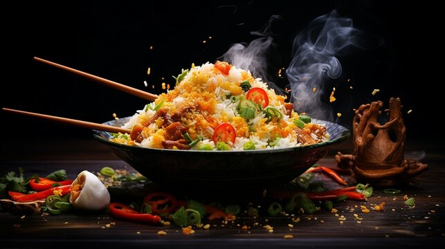 Fried rice with chopped vegetables and meat on a plate with a blurry background, egg fried rice