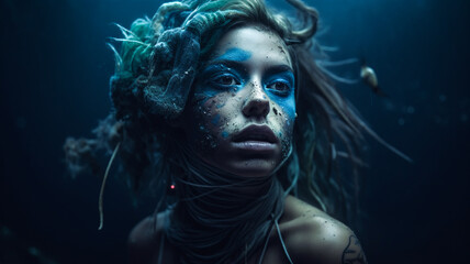 Young mermaid caught in the underwater marine pollution, victim of the impact from plastic and trash. Gothic trashpunk style of the ocean crisis. Vibrant depiction.