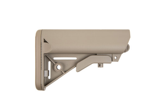 Modern plastic adjustable stock in FDE color. Replaceable part of the gun. Isolate on a white back