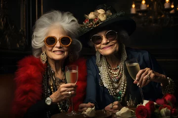 Papier Peint photo autocollant Vielles portes A couple of elderly women, creatively and fashionably dressed, celebrate the holiday with a glass of champagne in their hands. A cheerful and positive old age