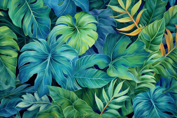 paint summer tropical seamless trendy jungle design palm pattern leaf background. Generative AI.