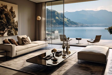 Fototapeta na wymiar Interior design of luxury living room in lakeside house, generative ai
