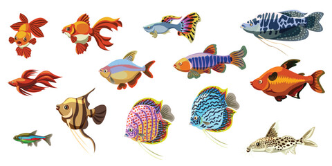 Set of isolated aquarium fish. Tropical colorful fish. Vector illustration.
