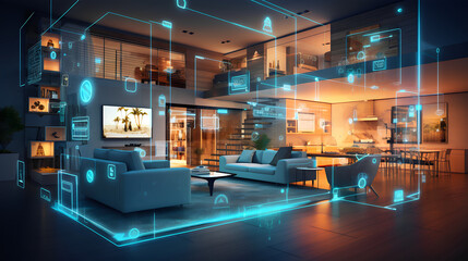Concept Interior illustration of smart home with artificial intelligence concept. Future of home living  - obrazy, fototapety, plakaty