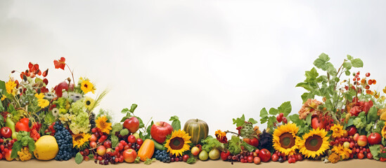 Wide collage of fresh fruits and vegetables.AI generated.