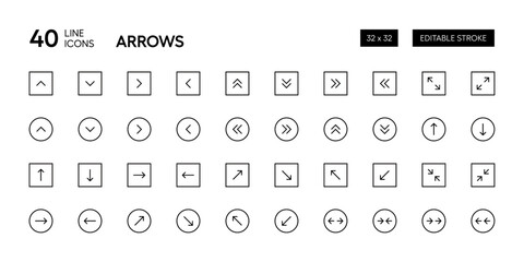Forward, backward, swipe, scaling icon collection. Arrows editable outline vector icon set. Pixel Perfect. 32 x 32 Grid base.