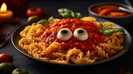 Spooky Halloween pasta dish with monster eyes and eerie sauce. Festive, creative, and delicious culinary treat for October celebrations - obrazy, fototapety, plakaty