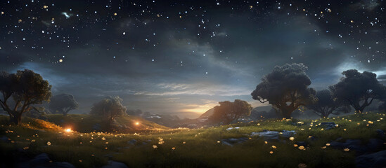 Panorama ethereal night landscape.AI generated.