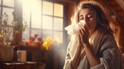 A woman blowing her nose with a tissue