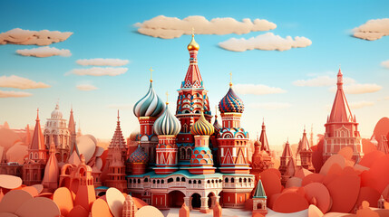 Fototapeta premium Red square Russia in evening time in paper art and craft design concept. Created using generative AI.