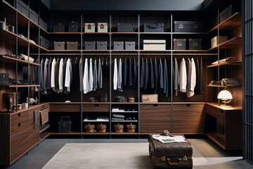 Modern minimalist men walk in wardrobe, generative ai