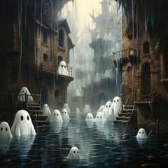 Haunted city with ghosts on the water