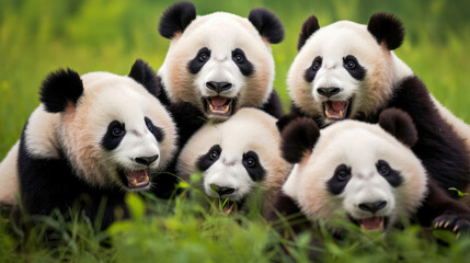 Group of giant pandas close-up on green grass