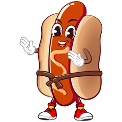 Cute happy hot dog mascot practicing martial arts by wearing a karate belt. Isolated vector flat cartoon character illustration design