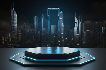 Cyberpunk podium futuristic city background on black carpet background, product display template ,Generative AI	