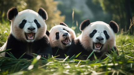 Group of giant pandas close-up on green grass